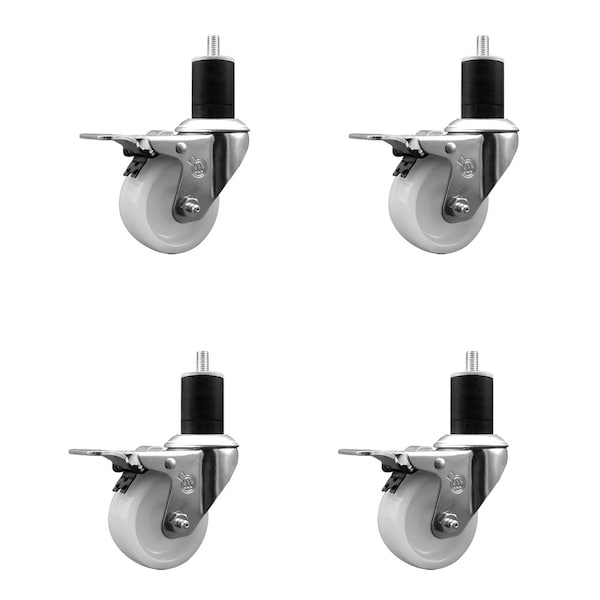 3'' Nylon Swivel 1-3/4'' Expanding Stem Caster Set Total Lock Brake, 4PK